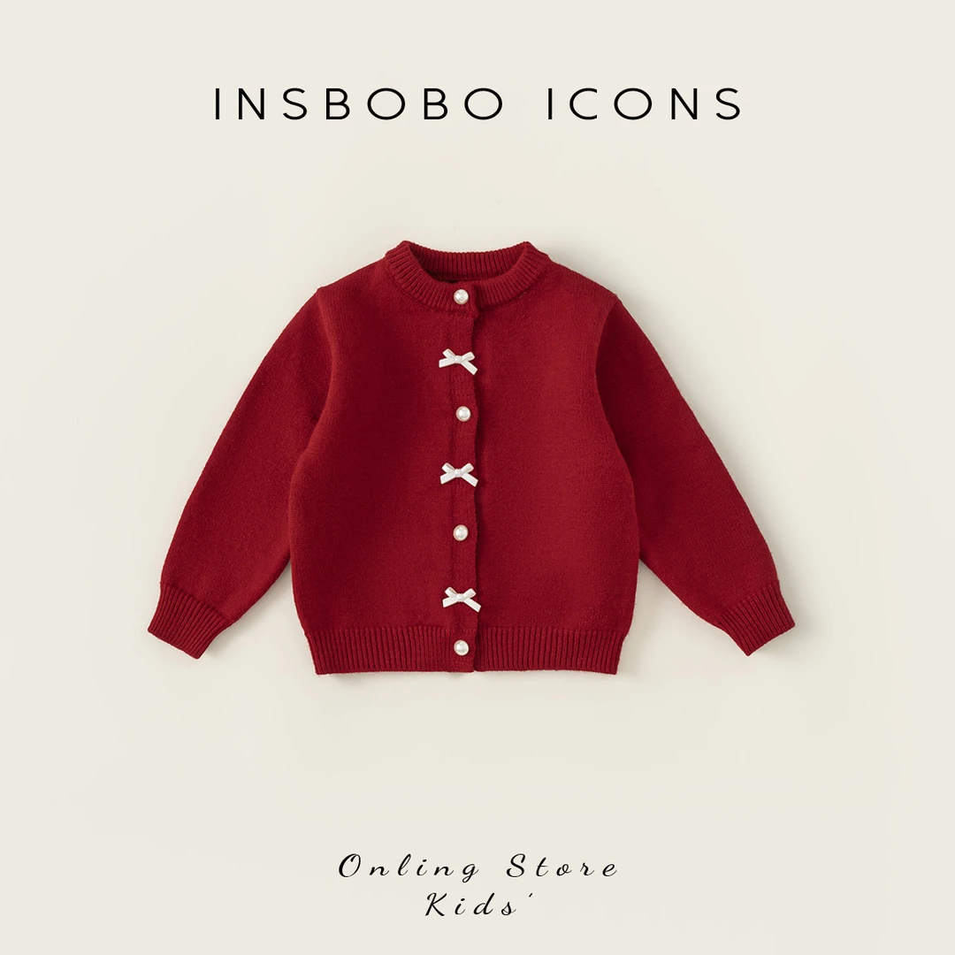 INSbobo童装女童毛衣秋季蝴蝶结珍珠纽扣圆领开衫针织外套QY24054