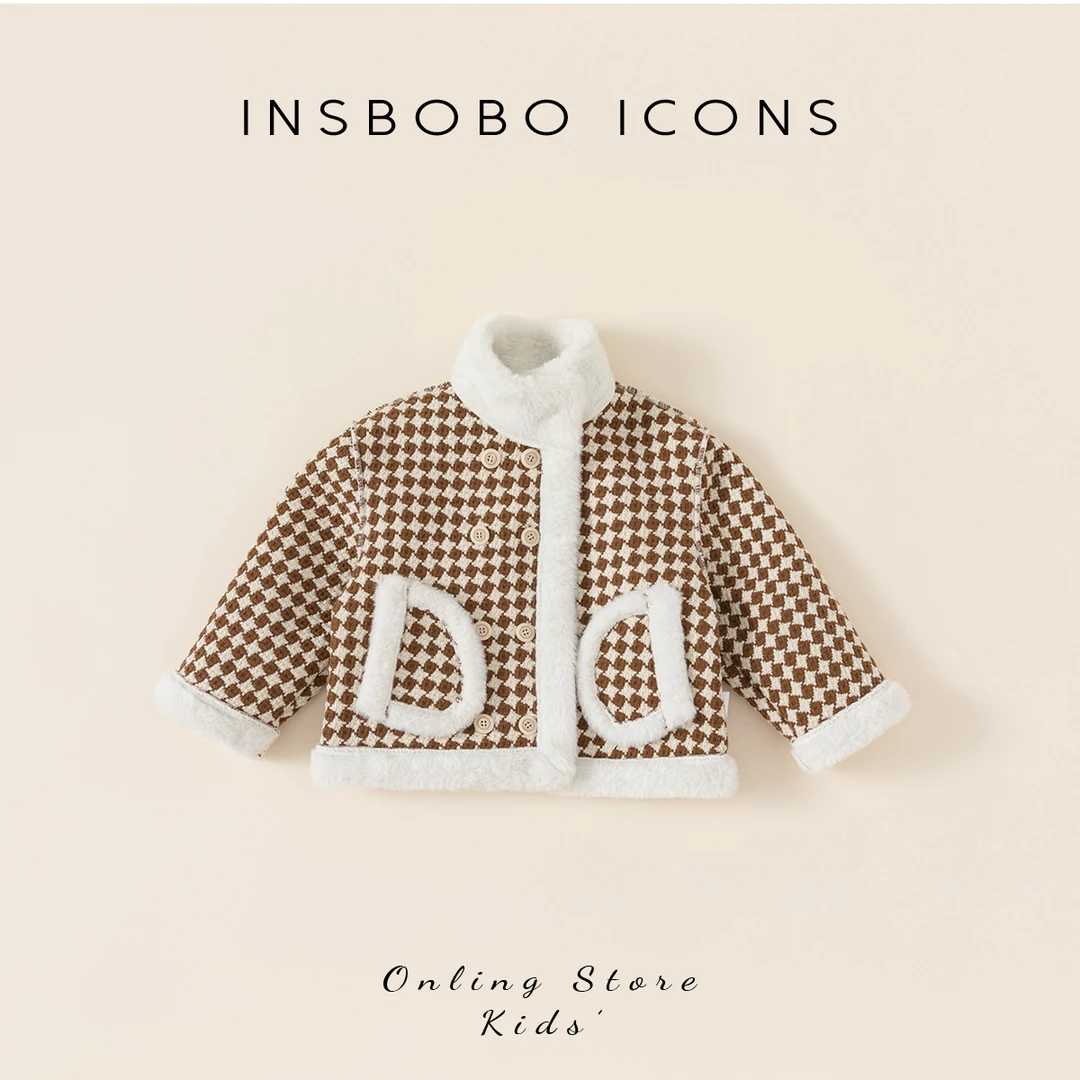 INSbobo冬装新品儿童外出服女童格子复合毛毛外套男童童装DY23021