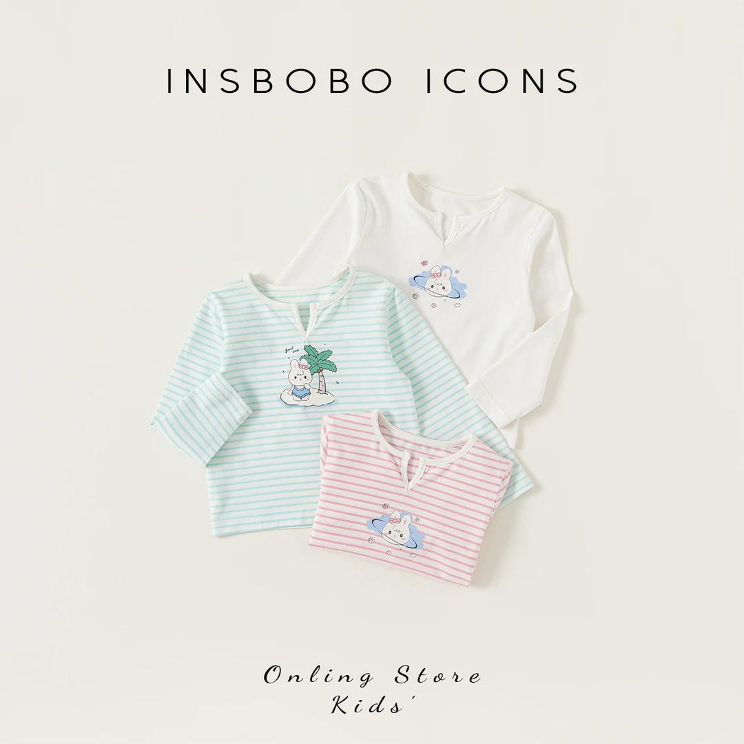INSbobo女童卡通条纹T恤2024春季可爱兔子上衣男童印花T恤CY24066