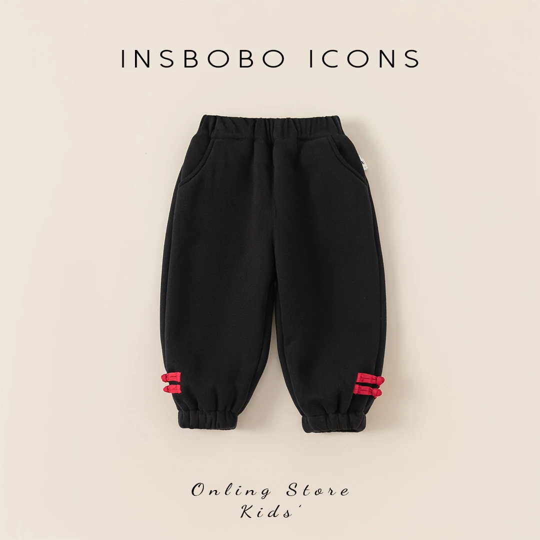 INSbobo男童过年装加绒长裤女童新中式脚口盘扣加厚休闲裤DK83176