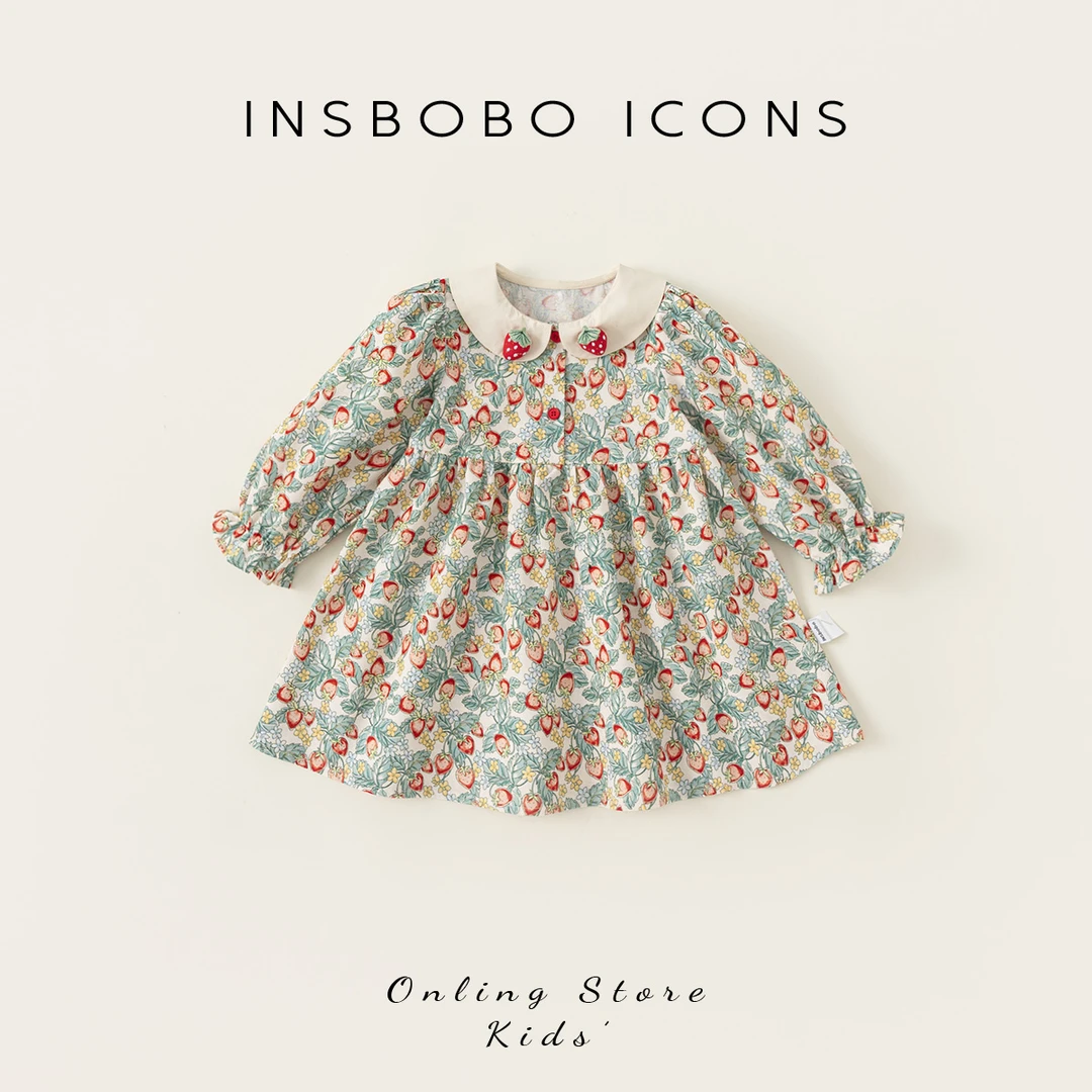 INSbobo童装秋装女童草莓印花翻领连衣裙娃娃领碎花公主裙QQ24061
