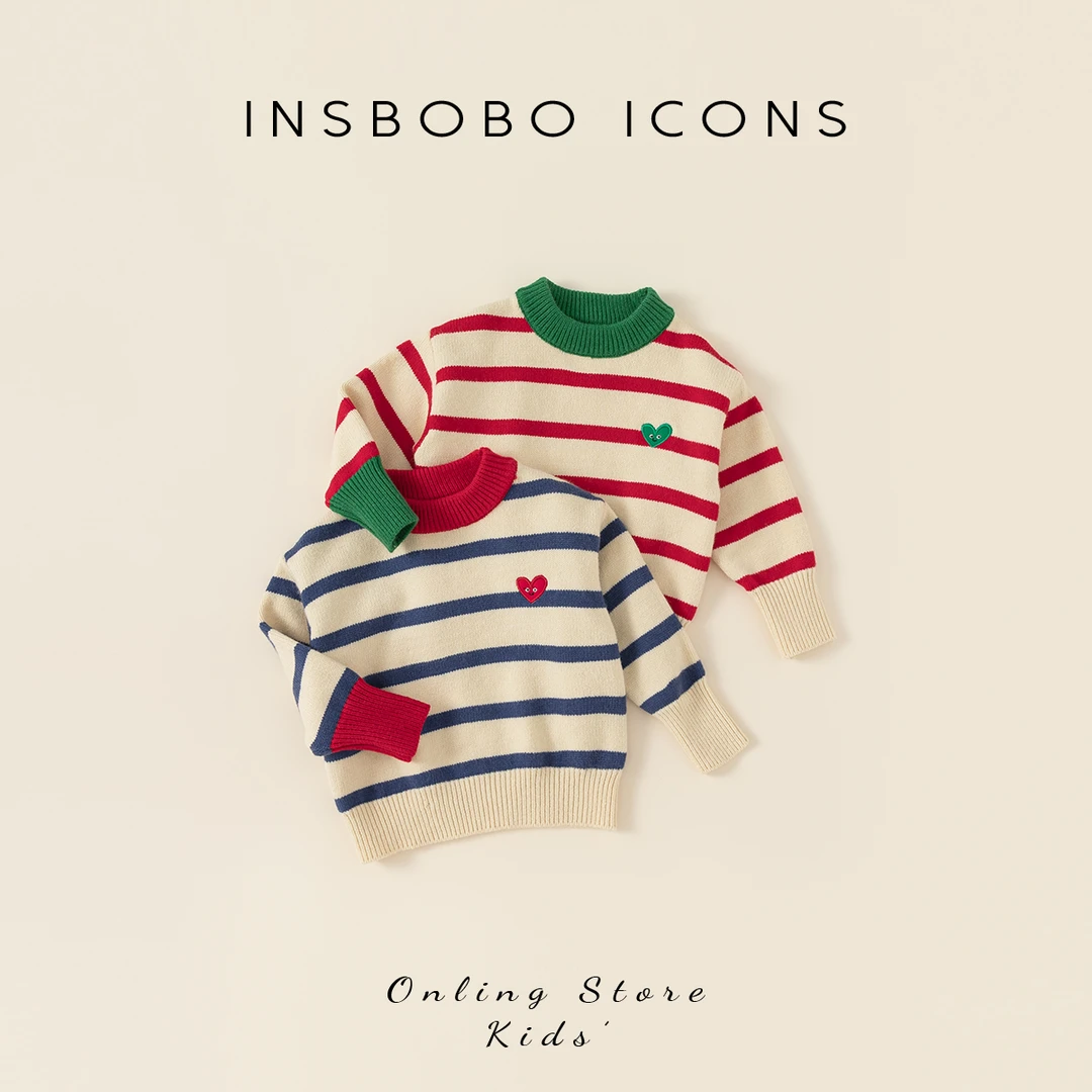 INSbobo春秋女童新品针织衫男童百搭条纹毛衣宝宝撞色上衣QY23307