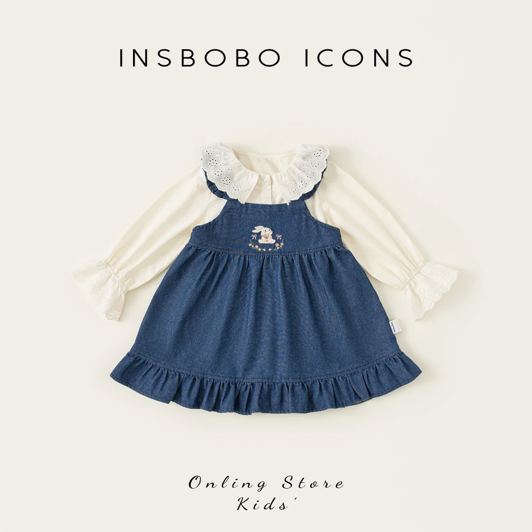 INSbobo女童套装休闲简约衬衫+可爱牛仔背带裙两件套CT25012