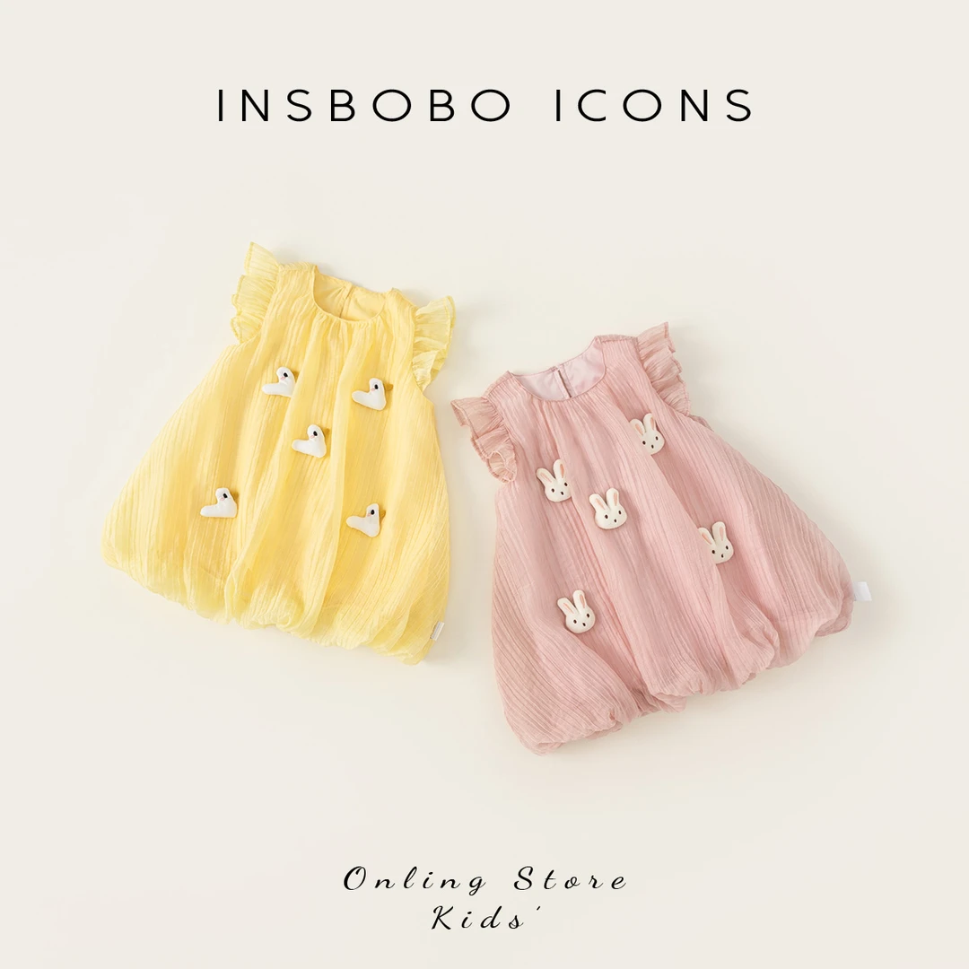 INSbobo夏季洋气儿童针织裙子小飞袖立体玩偶花苞连衣裙XQ24516