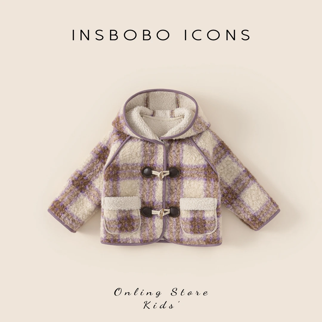 INSbobo女童毛呢大衣外套冬季新款女宝宝格子连帽加厚棉服DY24020