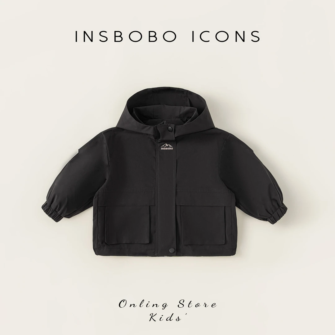 INSbobo童装秋季新款儿童外套男童百搭纯色连帽夹克上衣QY84048