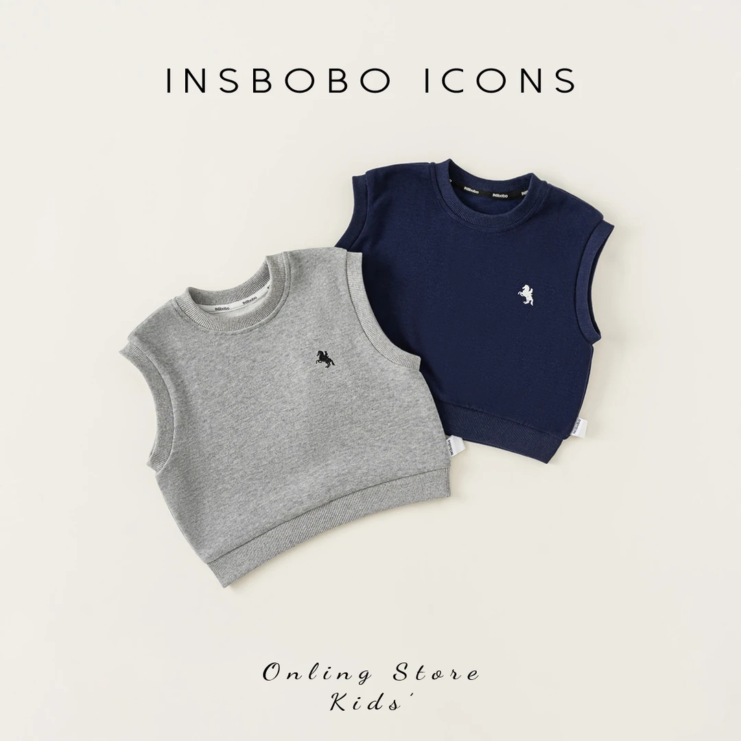 INSbobo儿童马甲春秋新款简约百搭上衣纯色刺绣圆领马甲潮QY84131