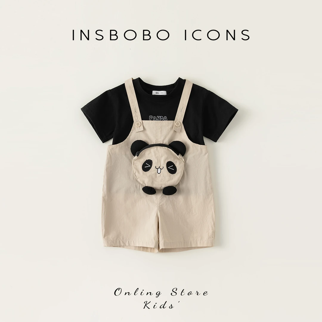 夏季童装休闲儿童套装宝宝字母短袖T恤+卡通熊猫背带裤XT83107