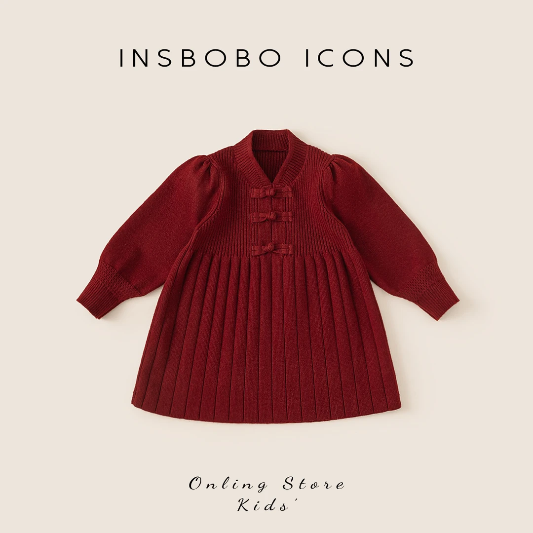 INSbobo女童拜年连衣裙红色冬季儿童裙子新中式国风连衣裙DQ24180