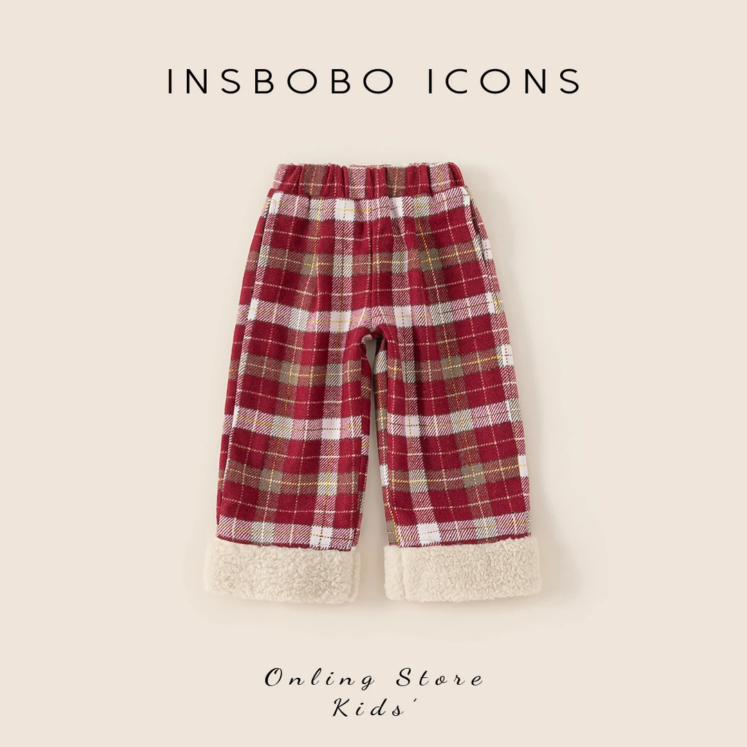 INSbobo儿童休闲裤子冬季新品加绒休闲洋气格子加绒裤DK46303-1