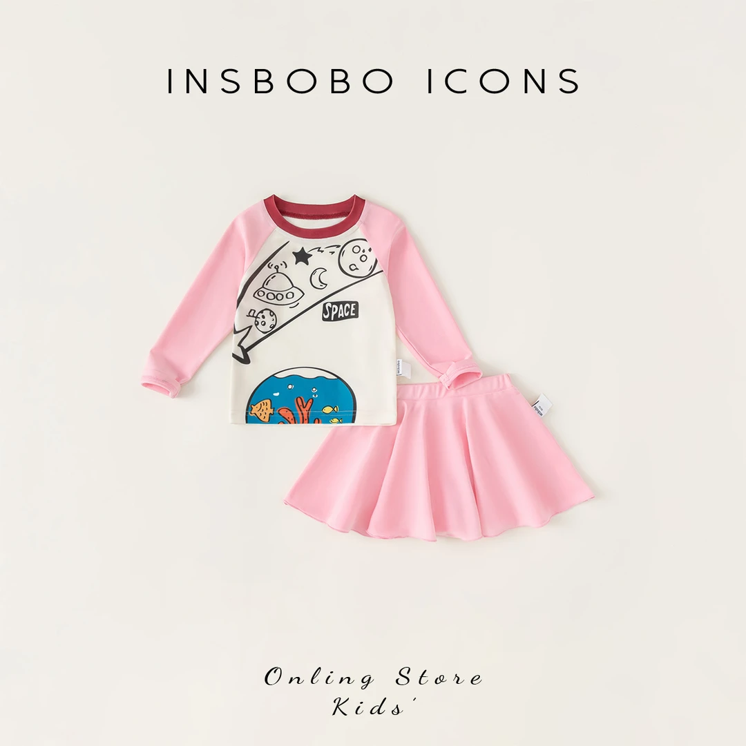 INSbobo女童分体泳衣套装夏季新款宝宝插肩袖两件套泳装XT24389