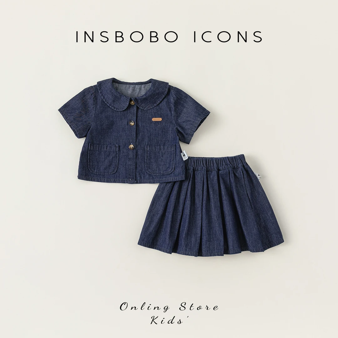 INSbobo女童牛仔套装儿童娃娃衫洋气夏装小女孩百褶裙XT24054