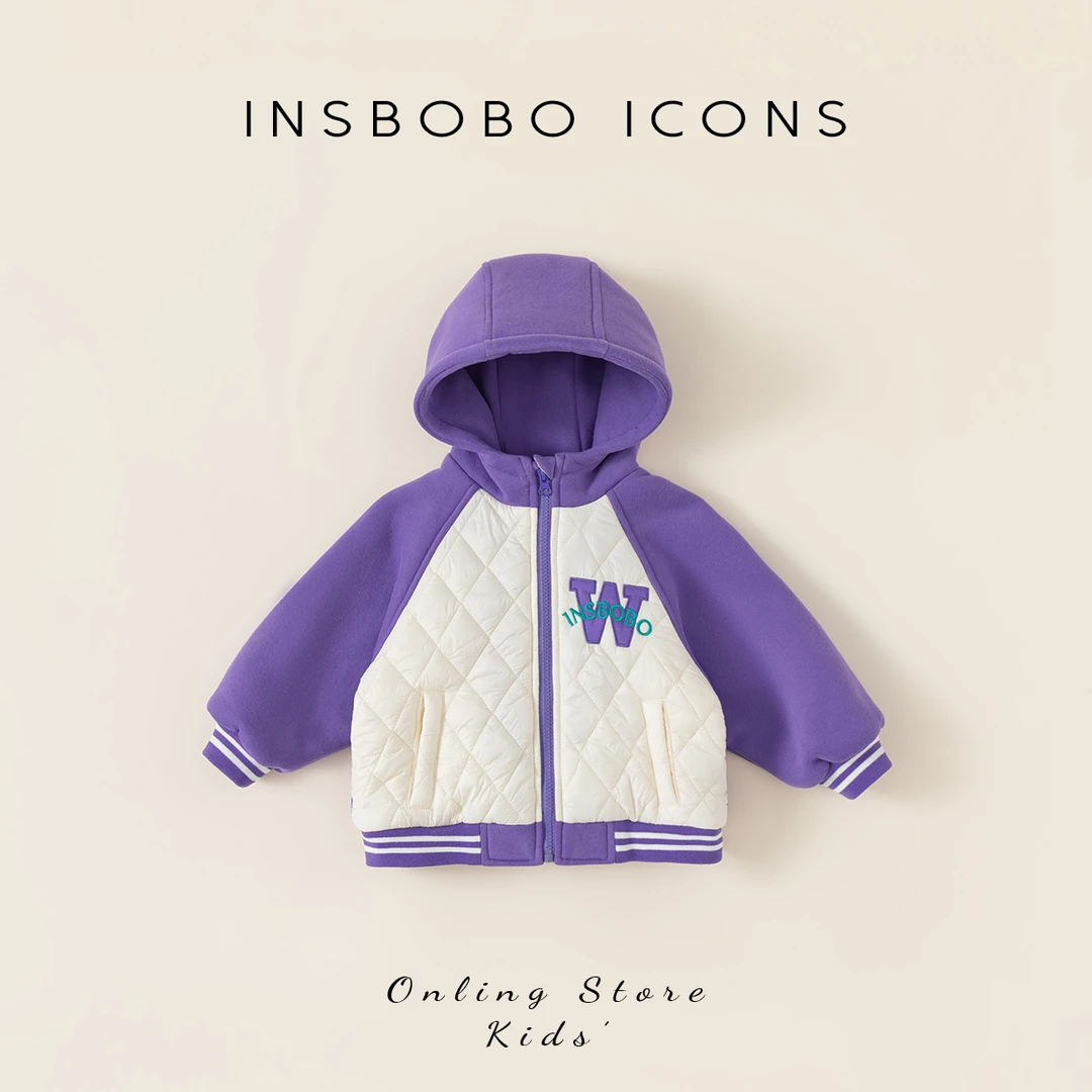 INSbobo冬季新品儿童连帽外套女童拼色休闲外套男童拉链衫DY23034