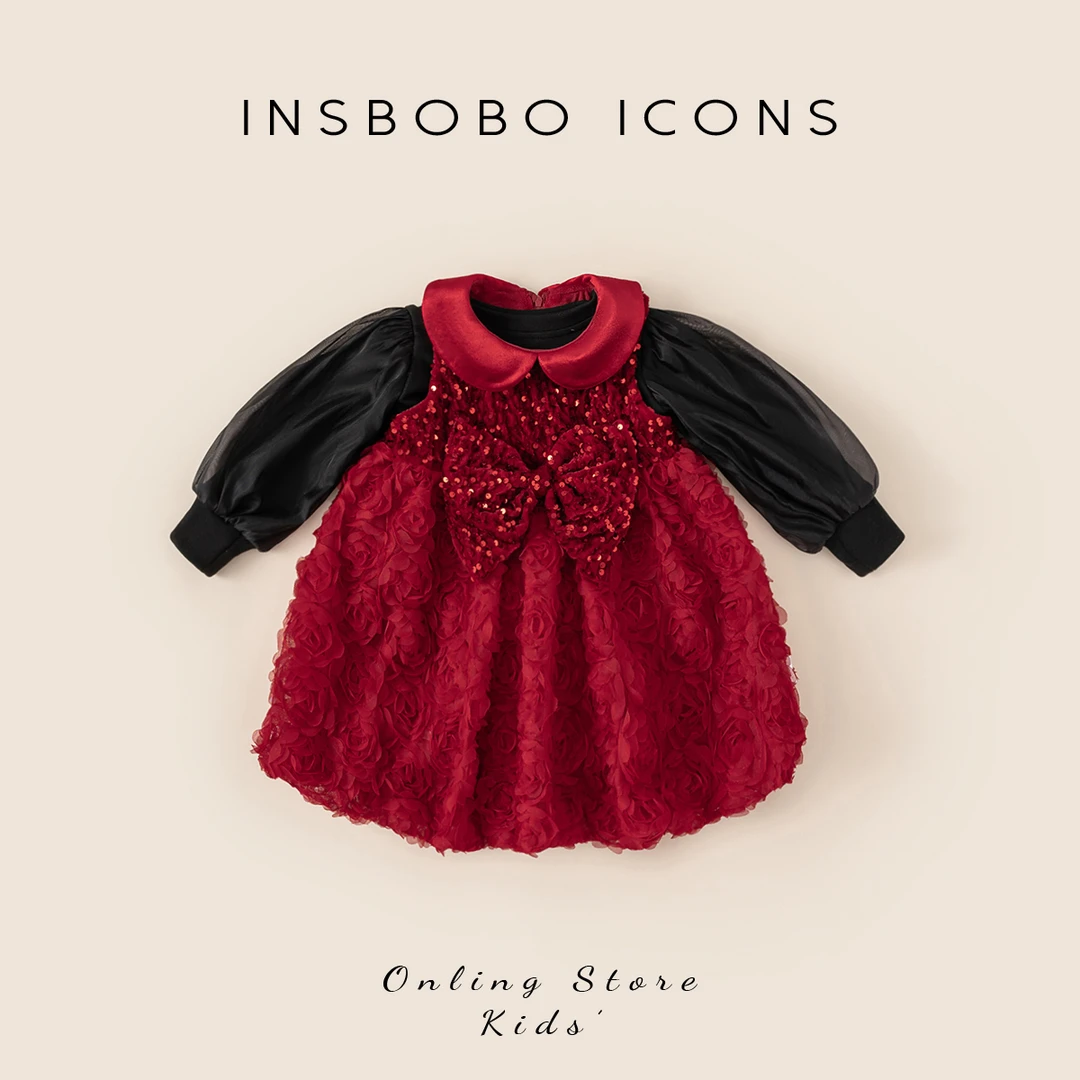 INSbobo女童套装蝴蝶结玫瑰花网纱背心裙网纱泡泡袖打底DQ24035A