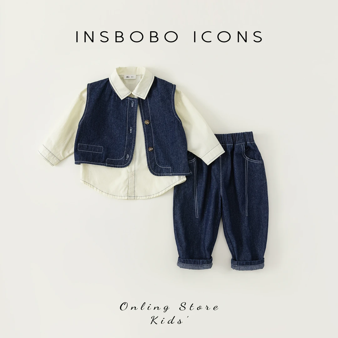 INSbobo儿童套装男童秋装马甲三件套女宝牛仔衣服春秋 CT83018