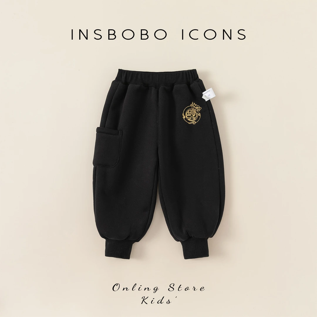 INSbobo冬装新品男童过年装长裤宝宝加绒绣花福字裤DK83174