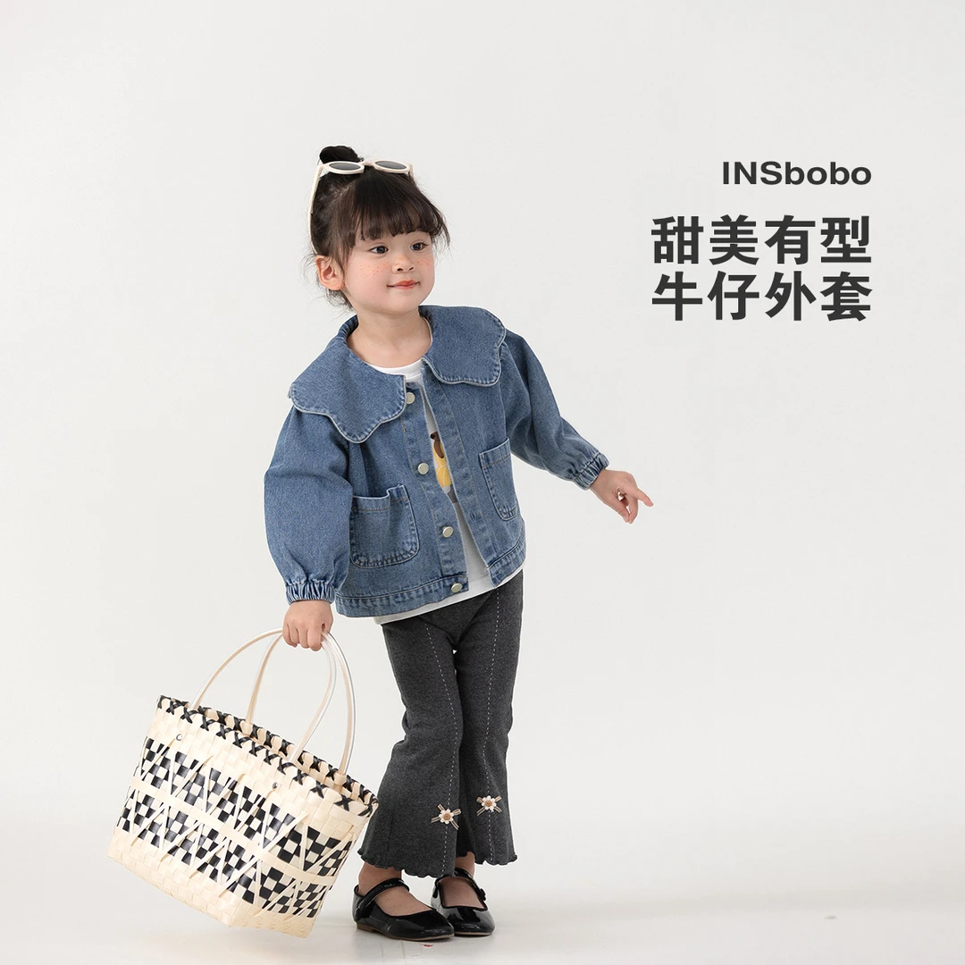 【专属】INSbobo女童秋装新品儿童休闲外套花边翻领牛仔外套QY82075