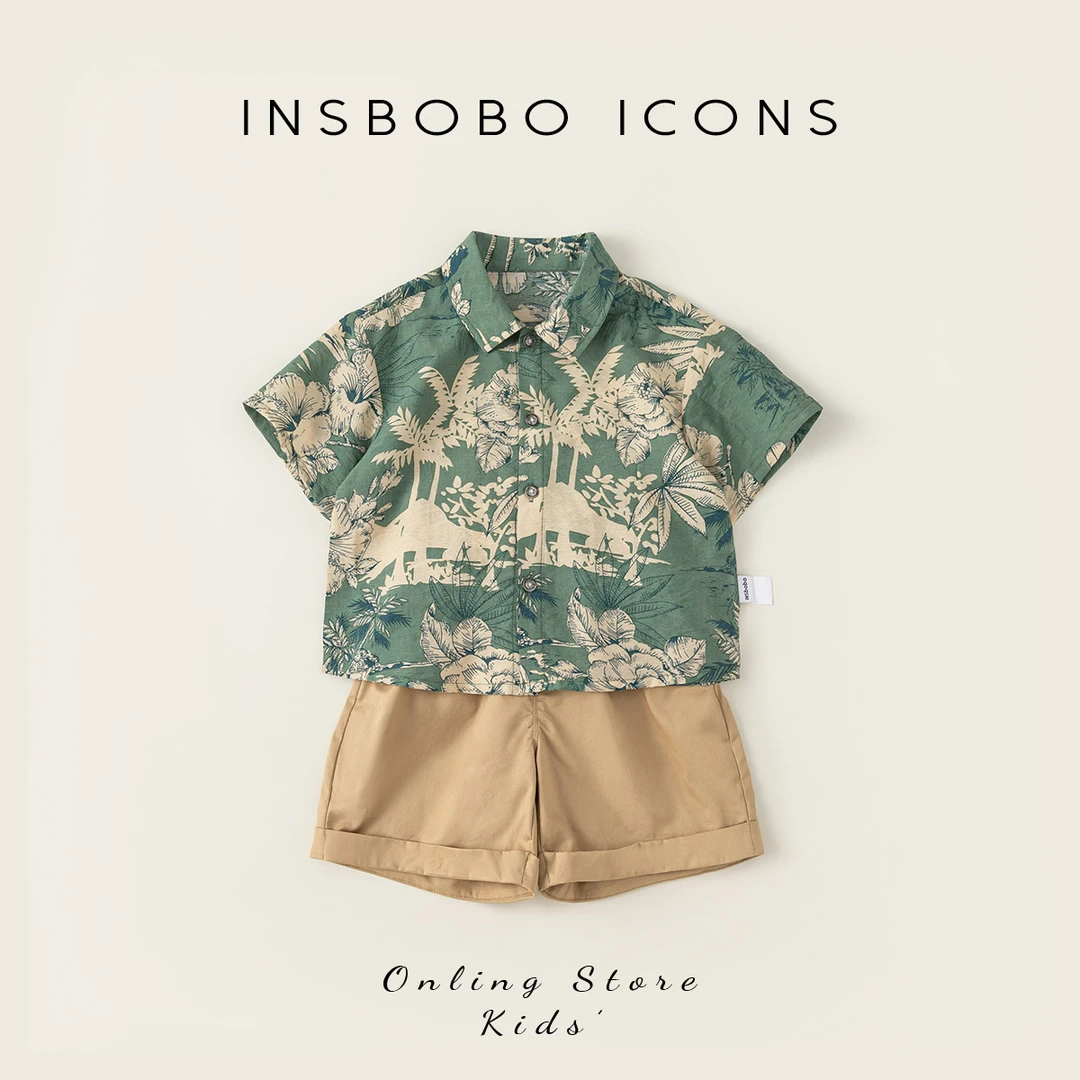 INSbobo男童夏季休闲套装儿童复古薄款印花夏装两件套洋气XT84131