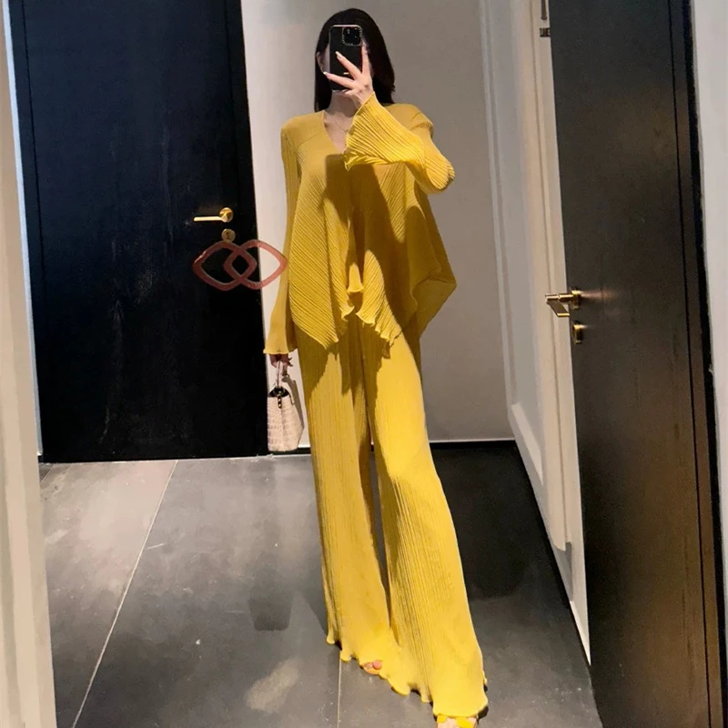压皱雪纺宽松V领落肩袖T恤上衣女高腰休闲直筒裤子时尚套装