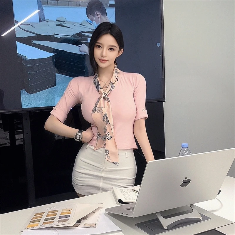 系带上衣V领短袖气质女神OL韩剧女主角飘带秋装新款时尚T恤衫女