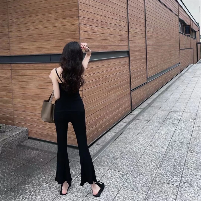 法式复古黑色吊带休闲裤女夏季高腰显瘦喇叭裤子修身直筒长裤套装