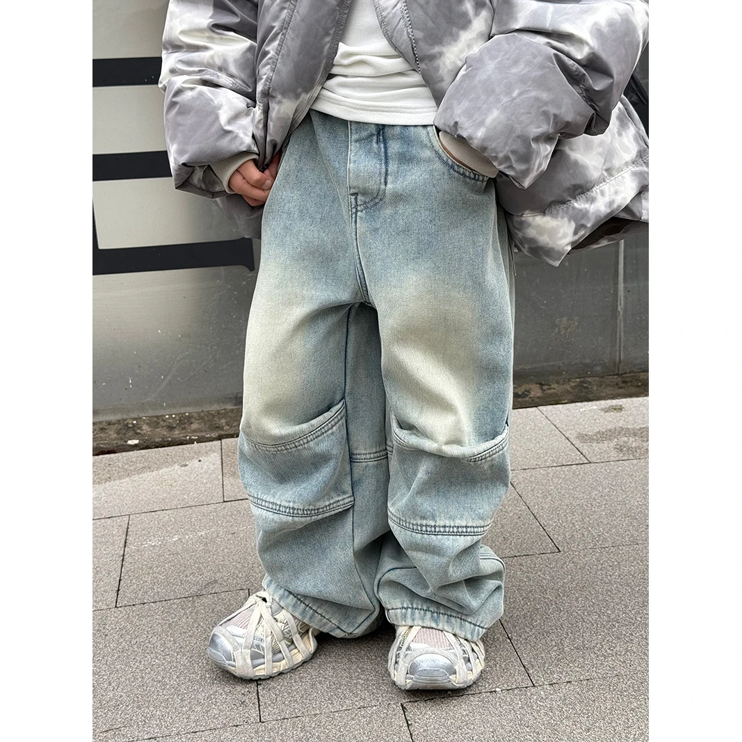 儿童加绒牛仔裤2024新款一体绒男童软牛仔裤中小童拼接直筒长裤潮