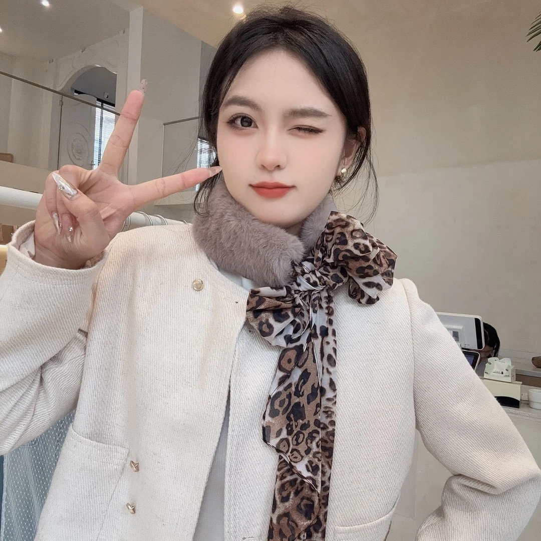 新款时尚韩版百搭秋冬女士毛绒围脖保暖护颈飘带丝巾毛领保暖围巾