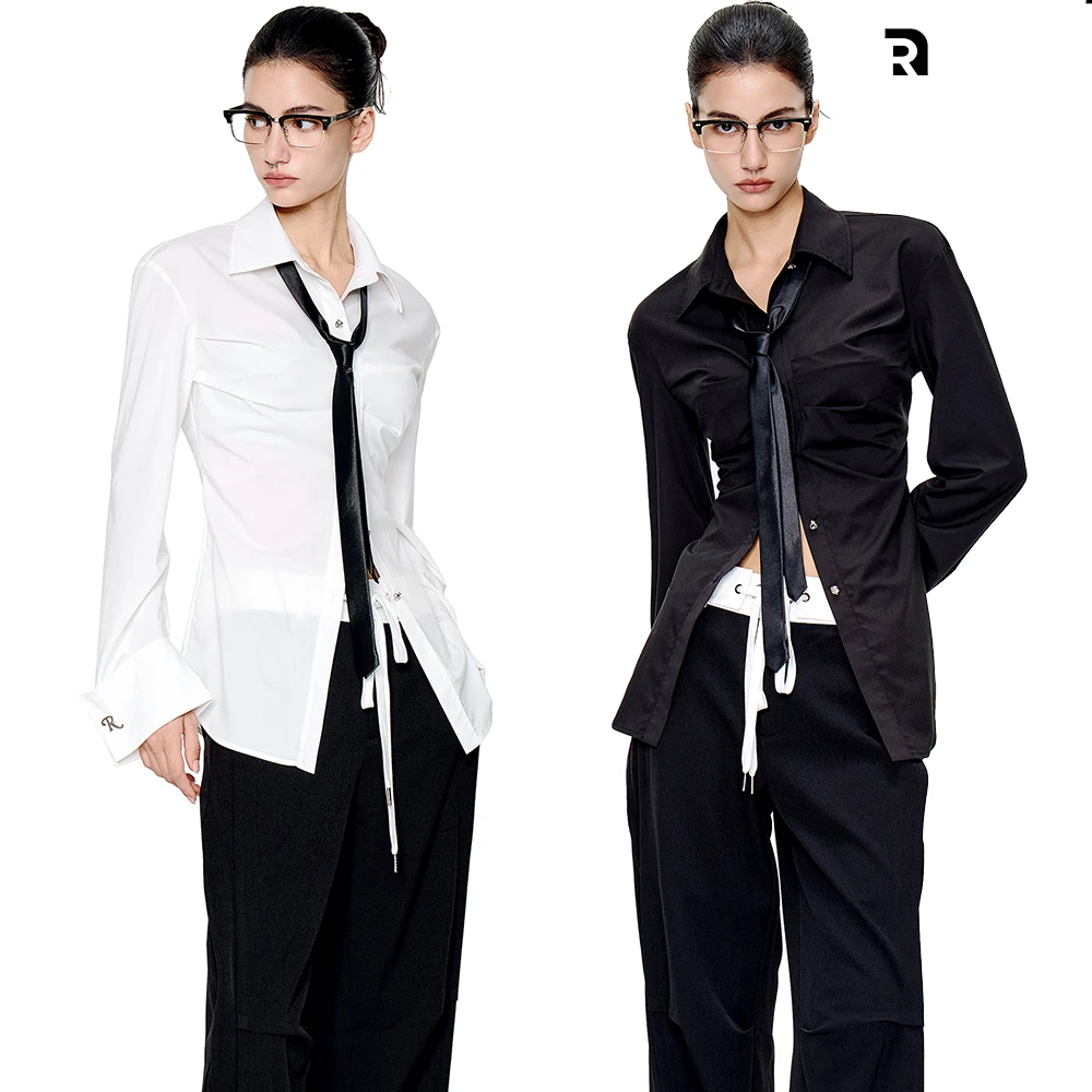 MODULER新款 原创收腰修身显瘦翻袖金属定制袖扣高级感衬衫黑白