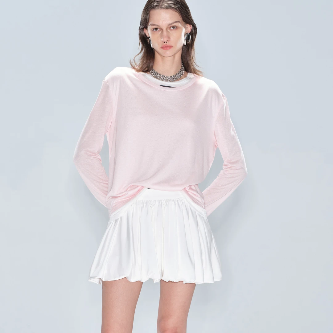 MODULER新款 原创丝光感腰头拼接抽绳花苞显瘦半裙短裙黑色白色