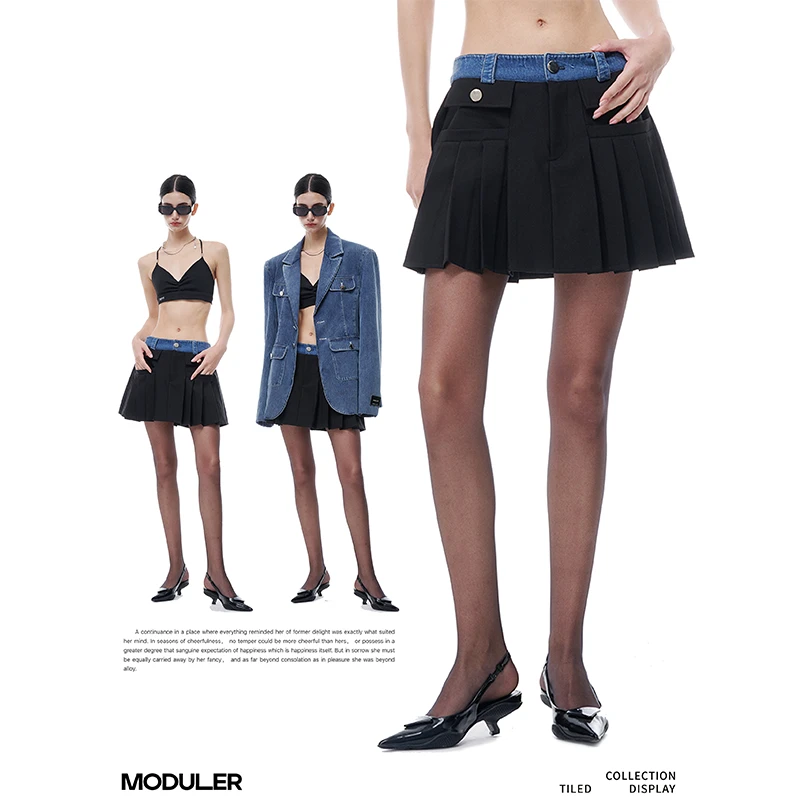 MODULER新款 原创牛仔腰头拼接中高腰百褶裙中短款半裙 邢菲同款