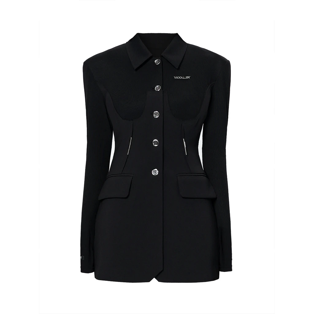 MODULER新款 原创针织拼接收腰显瘦西服连衣裙