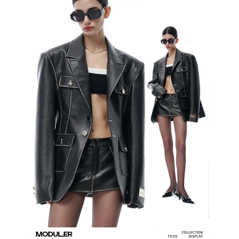 MODULER新款 原创擦色皮革复古时装感收腰显瘦西服外套