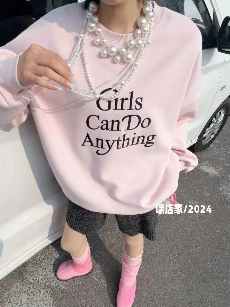 嘿店家秋款百搭时尚圆领卫衣宽松韩版-35刺绣GIRIS圆领衫