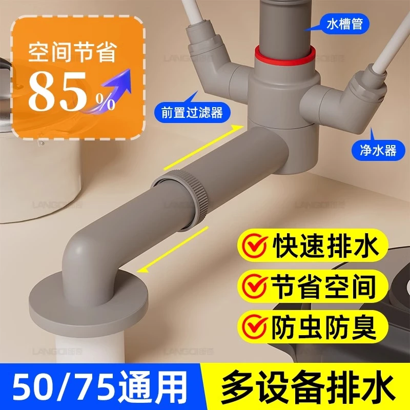 厨房下水管移位神器接头集成堵口防返臭水槽洗碗机净水器排水接头
