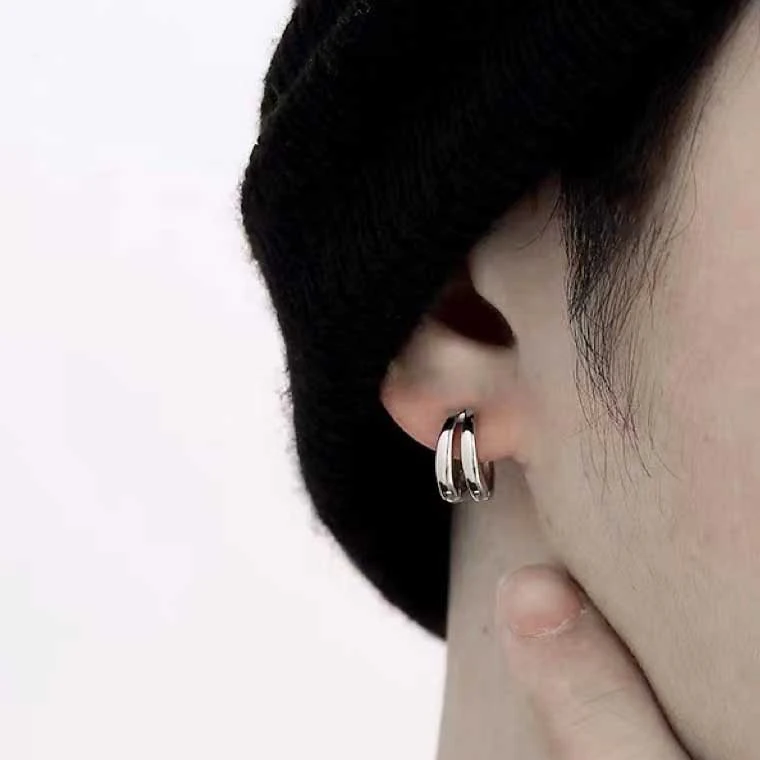 合金耳饰 简约百搭双环耳环男士时尚潮流冷淡风高端男士耳环