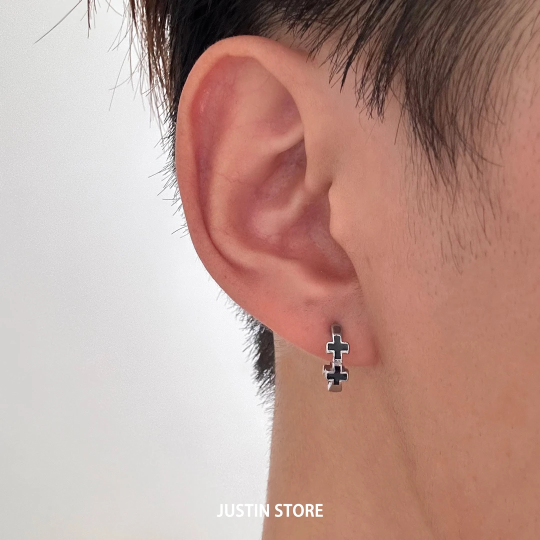 钛钢耳饰 滴胶十字架耳环赛博朋克风男小众设计感女个性百搭耳圈