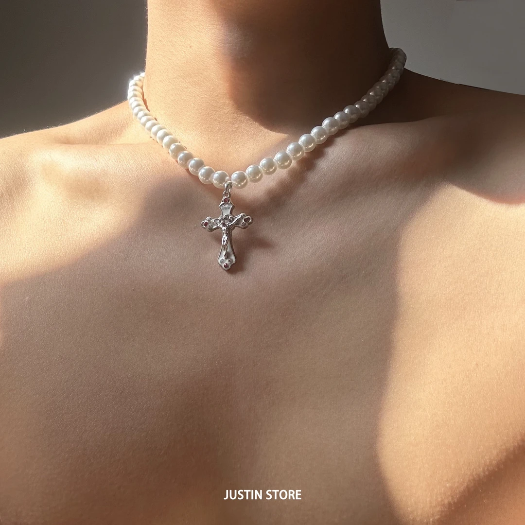 合金玻璃项链 复古百搭美拉德项链十字架锁骨链小众高级感情侣款