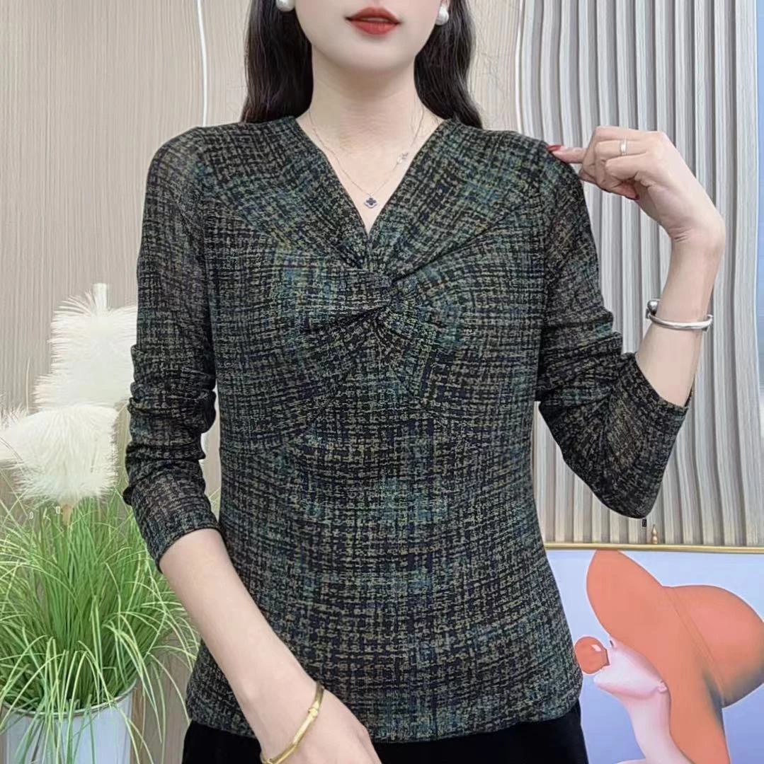 2025春季女士新款V领时尚百搭洋气扭结设计感显瘦长袖百搭小衫98