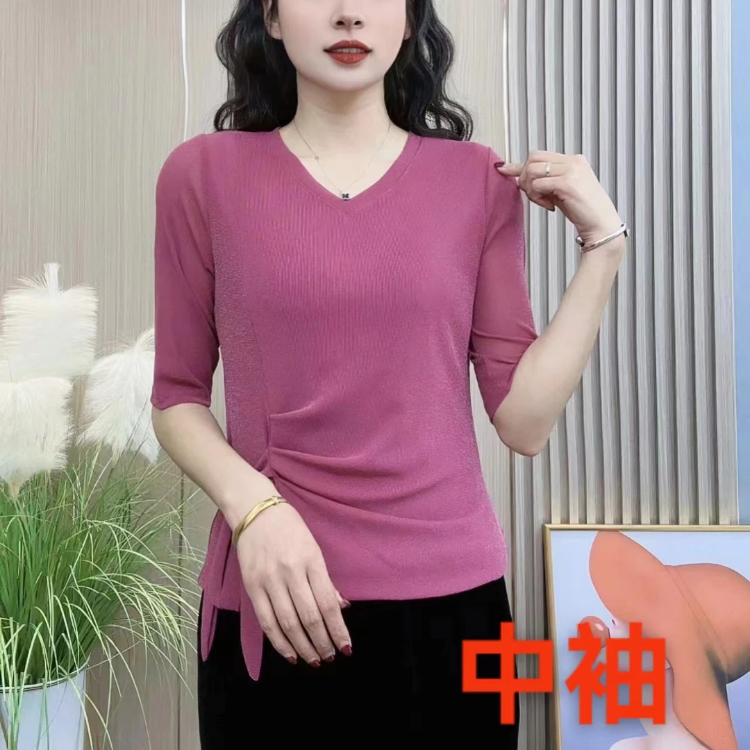 2024春季女士新款V领洋气时尚显瘦百搭系带遮肚纯色中袖女t恤3210