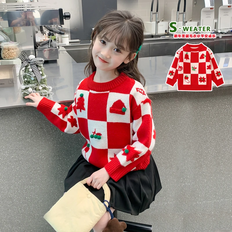 女童儿童圆领毛衣新年毛衣秋冬新款加绒加厚中童女孩针织打底衫