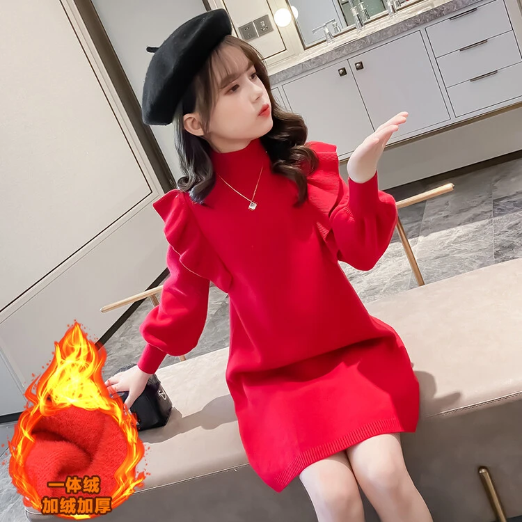 女童儿童秋冬新款连衣裙中大童针织毛衣裙新年喜庆保暖洋气打底潮