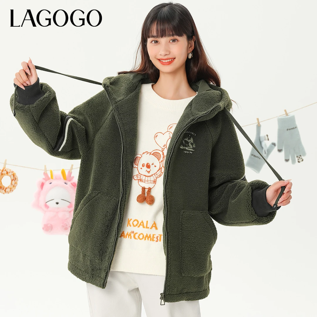 lagogo拉谷谷新款软糯摇粒绒连帽流氓兔外套女MCWW51YA46