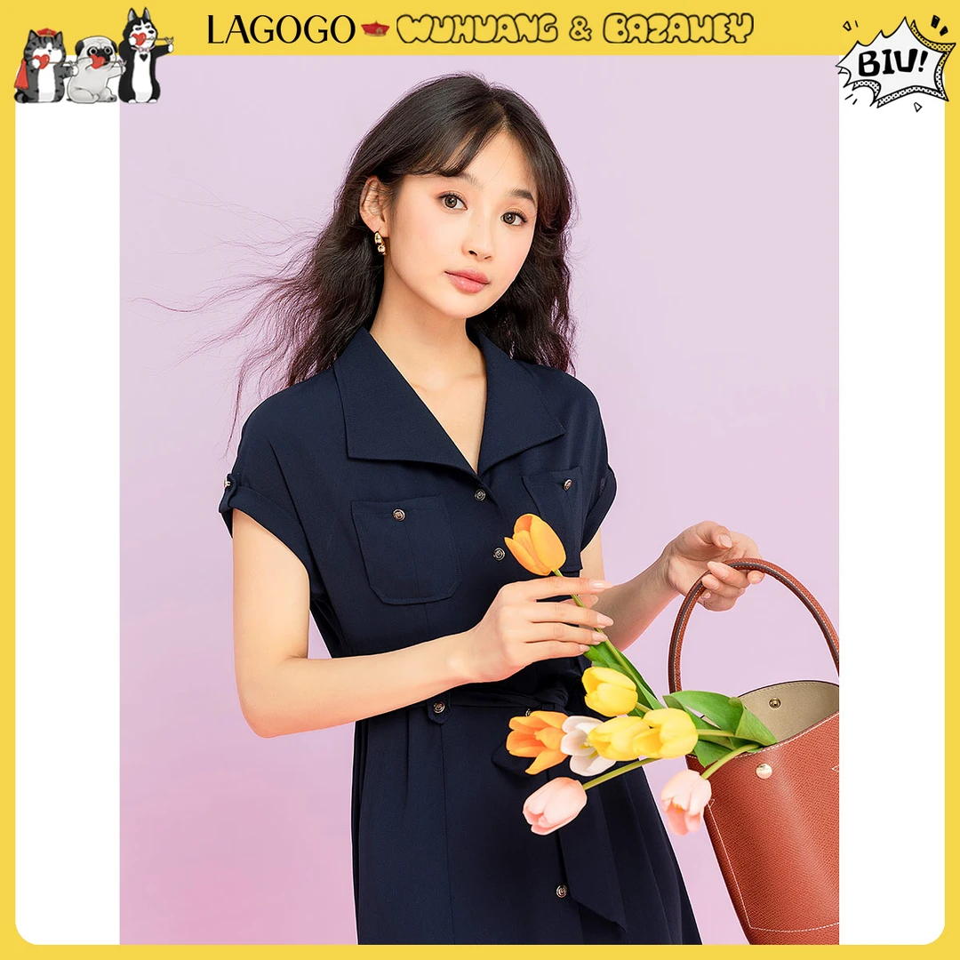 lagogo新款蝙蝠袖系带气质连衣裙女MALL334A33