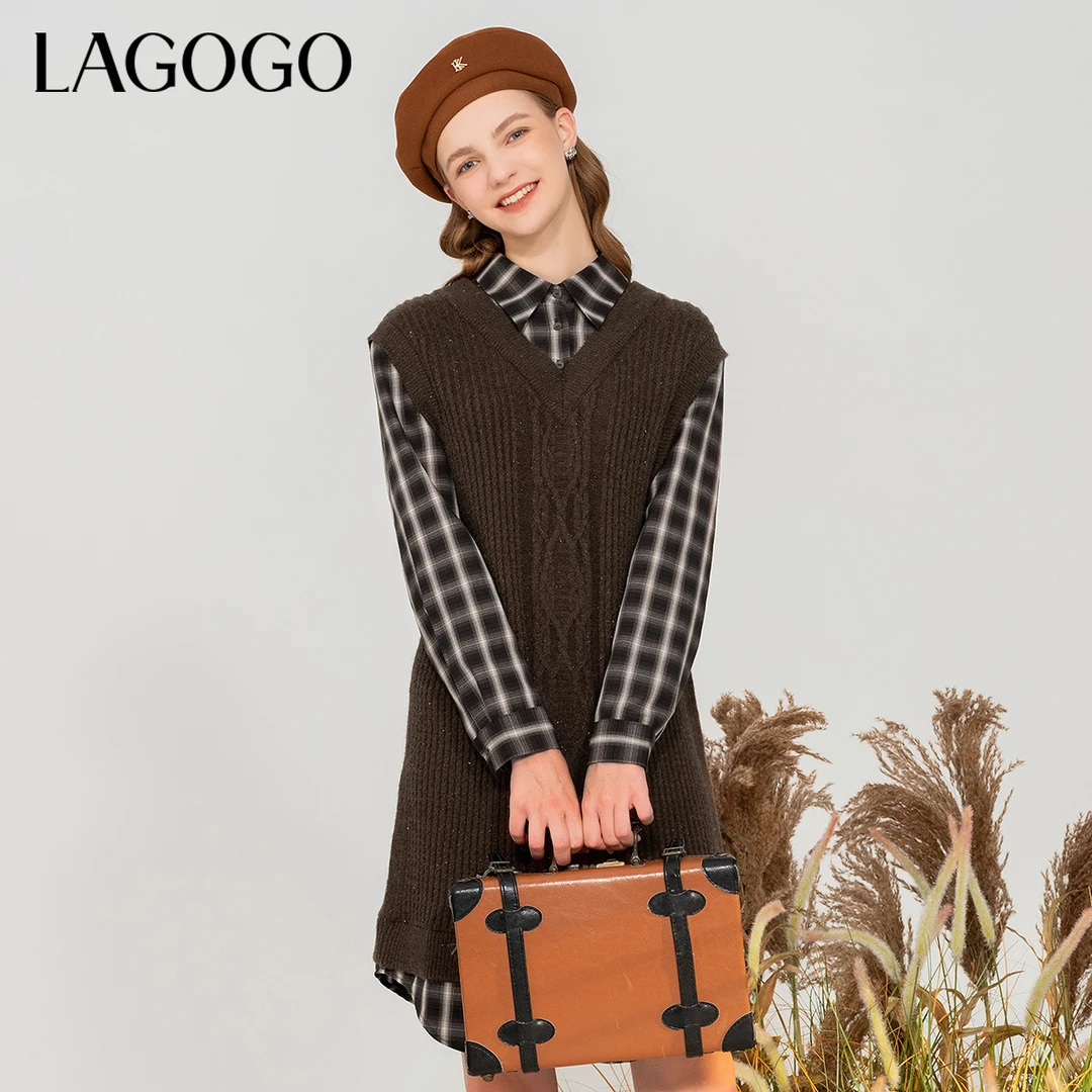 lagogo拉谷谷新款拼接复古格子亮丝连衣裙女MCLL759C54