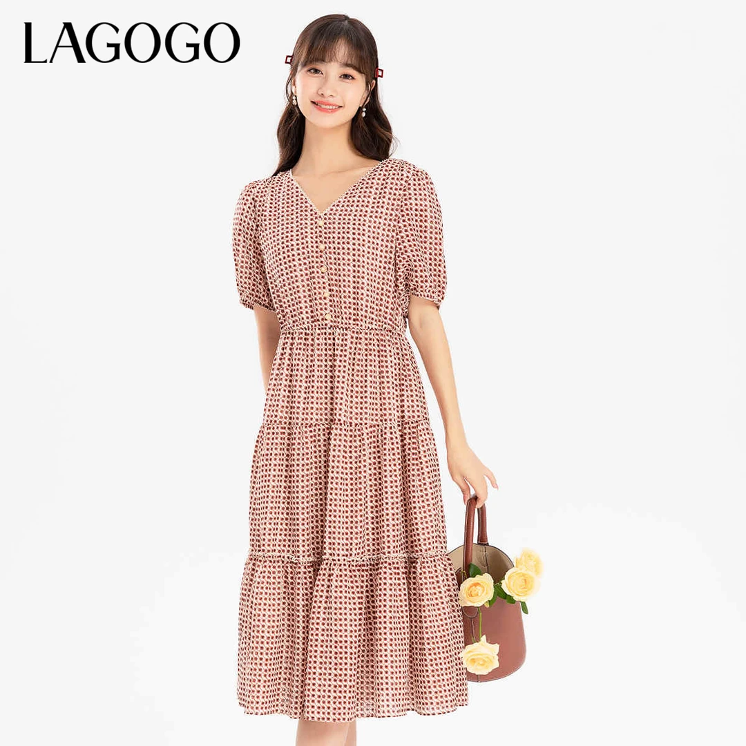 lagogo新款V领泡泡袖气质印花连衣裙女MALL304A49