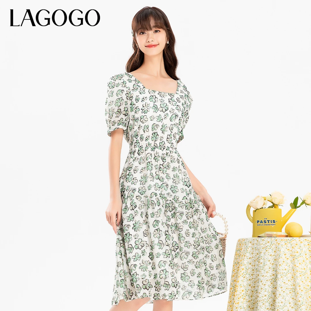 lagogo新款优雅方领泡泡袖清爽印花裙女MALL303F43