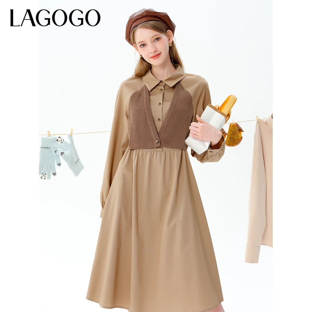 lagogo拉谷谷新款气质文艺拼接设计感连衣裙女MCLL459Q69
