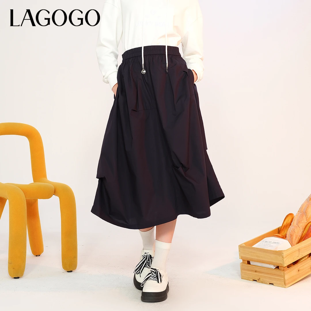 lagogo拉谷谷新款松紧高腰舒适百搭全棉半裙女MCBB339F81
