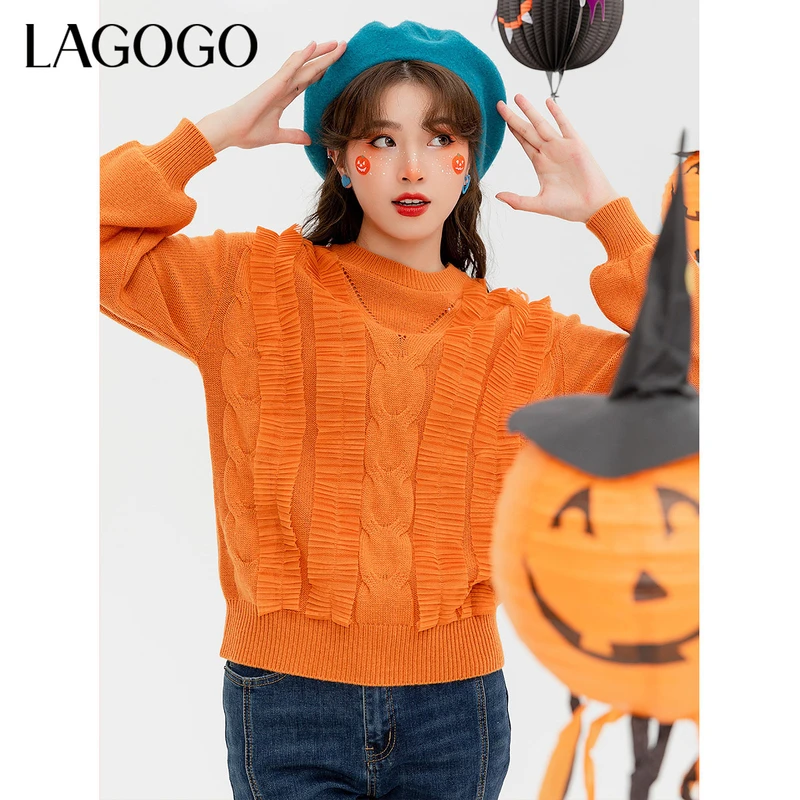 Lagogo新款圆领落肩袖花型针织衫女LCMM43XC37