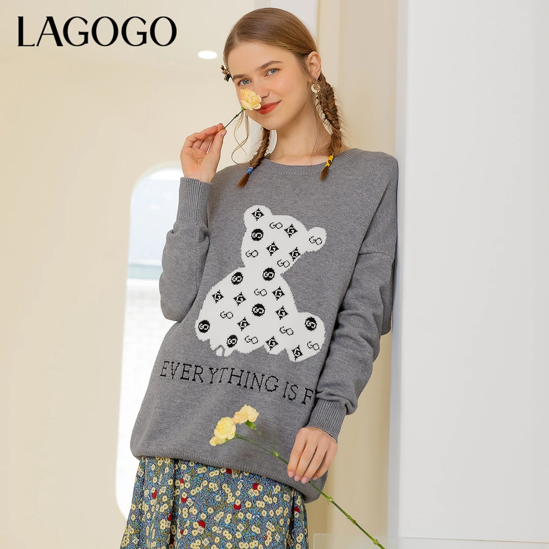 Lagogo拉谷谷冬季新款灰色圆领设计感针织衫女中长款套头上衣外穿